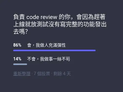 負責 code review 的你,會因為趕著上線就放測試沒有寫完整的功能發出去嗎?